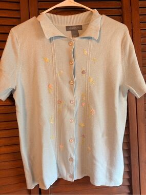 Koret Pale Blue Short-Sleeve Button Cardigan with Pastel Floral Embroidery